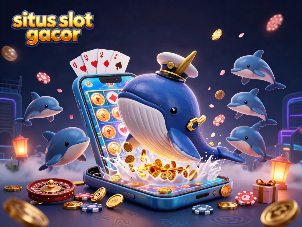 Permainan situs slot gacor yang menarik dengan paus 3D dan simbol kasino lainnya.