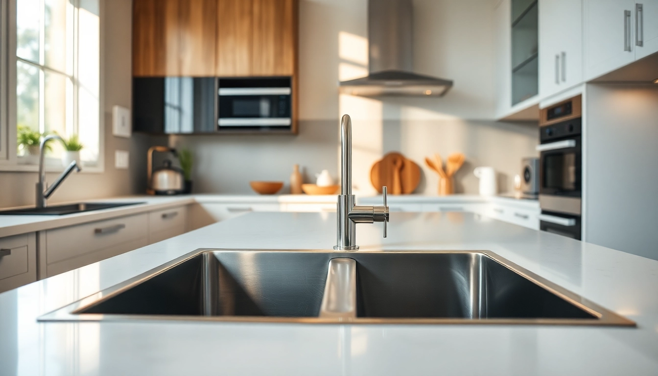 Stylish kitchen sink in stainless steel showcased in a modern kitchen with bright lighting and elegant decor.