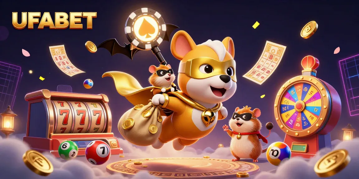 Join the fun with UFABET's vibrant gaming scene featuring a superhero dog and colorful slot game elements.