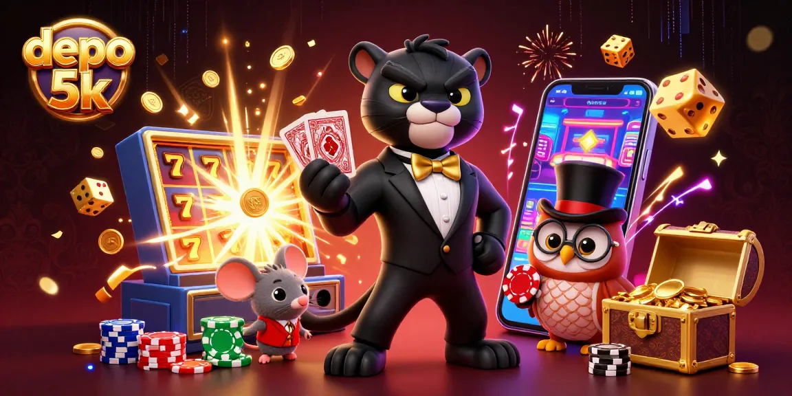 Experience the thrill of depo 5k with vibrant cartoon characters and dynamic casino elements in an engaging scene.