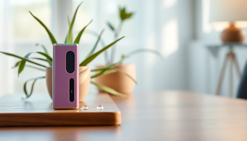 Vapen Sie die elf bar elfa, eine lebendige und stilvolle Vape, die auf einem eleganten Holztisch präsentiert wird.