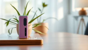 Vapen Sie die elf bar elfa, eine lebendige und stilvolle Vape, die auf einem eleganten Holztisch präsentiert wird.