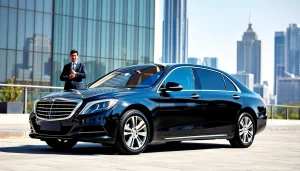 Experience Chauffeur Hire with luxury vehicle and professional chauffeur in a bustling city backdrop.
