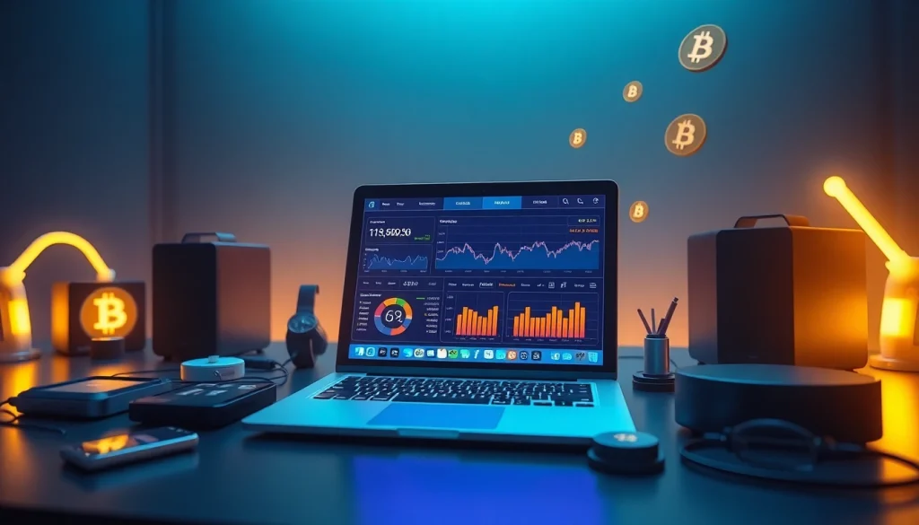 Cloud mining app interface displayed on a modern laptop in a futuristic workspace.