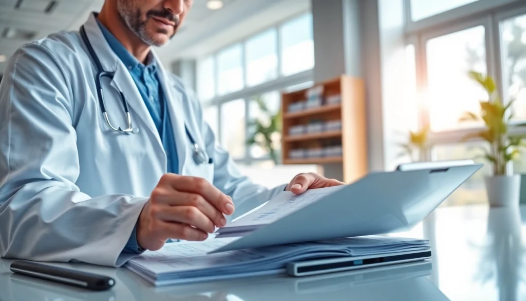 Health expert analyzing patient records in a bright, modern clinic for better wellness.