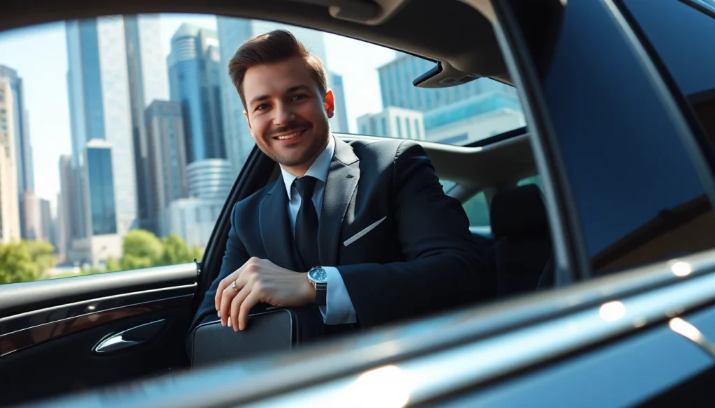 Chauffeur Hire featuring a professional chauffeur opening a luxury car door in a vibrant city setting.