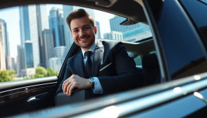 Chauffeur Hire featuring a professional chauffeur opening a luxury car door in a vibrant city setting.
