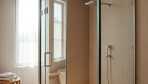 Paroi de douche à l'italienne élégante dans une salle de bain moderne avec lumière naturelle.