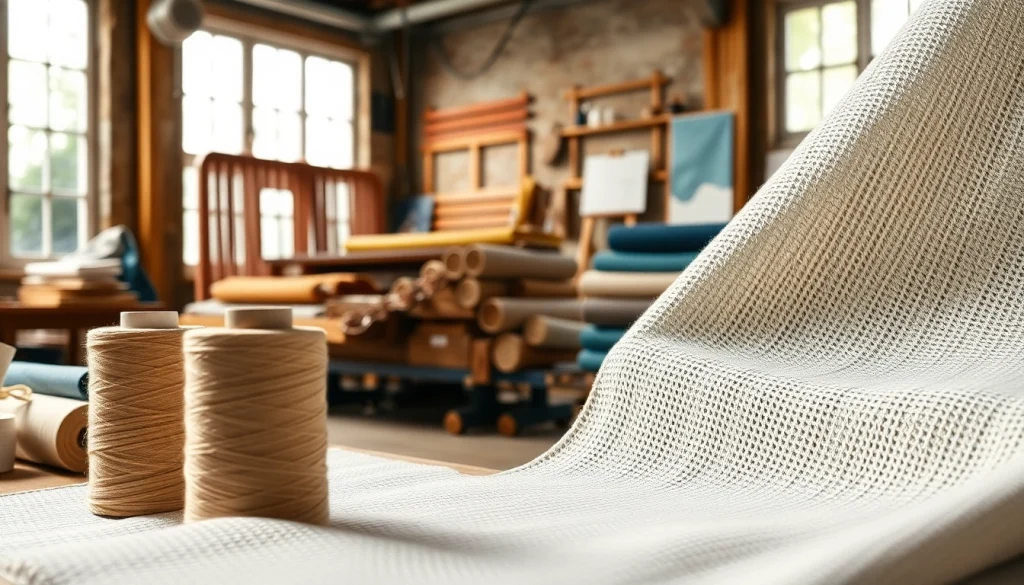 Katoen stof in een naaiwerkplaats met kleurrijke texturen en spools van draad.