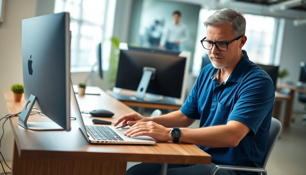Technician providing computer service in a modern workspace with tools and professional setup.