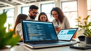 Utilize Technology for innovative collaboration in a modern workspace featuring a diverse team.