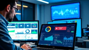 IT specialist using remote monitoring and management (RMM) tools in a professional office.