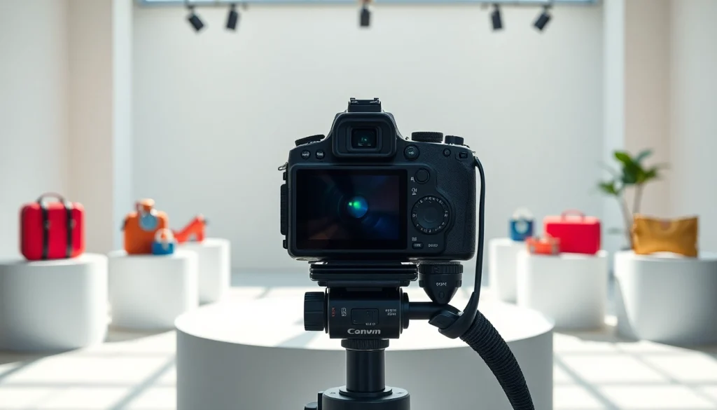 Fotografo di Prodotti in uno studio modern con attrezzatura fotografica e prodotti in evidenza.