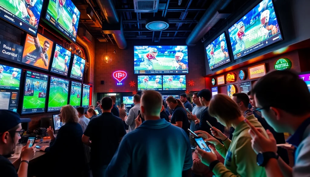 Engaging scene of the best sports betting sites for Brazil highlighting vibrant sports bar activities.