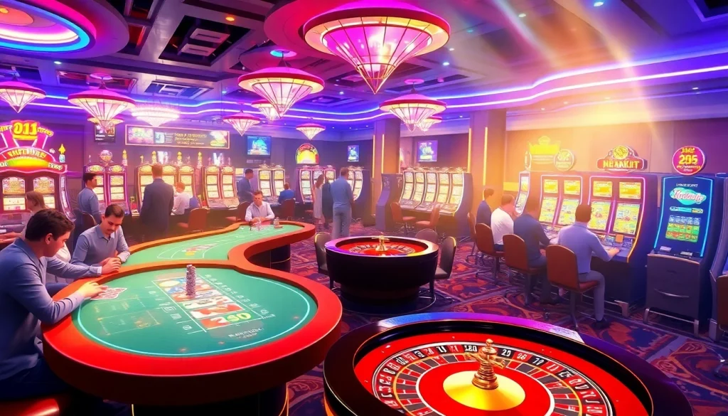KJC AC 3 casino scene with vibrant tables, roulette wheel, and excited players.