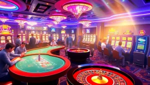 KJC AC 3 casino scene with vibrant tables, roulette wheel, and excited players.
