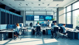 IT Infrastructure Management Tampa office with advanced technology and IT professionals collaborating.