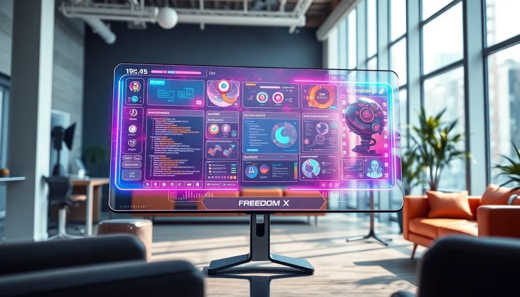 Discover the innovative gaming interface centered on Freedom X, showcasing creative tools and a vibrant atmosphere.