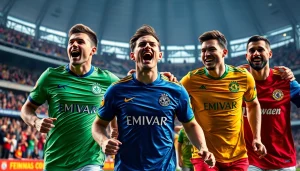 Catch the energy of discount football shirts being sported by players in a lively stadium.