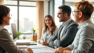 Real Estate agent engaging clients in a modern office setting, fostering communication and trust.