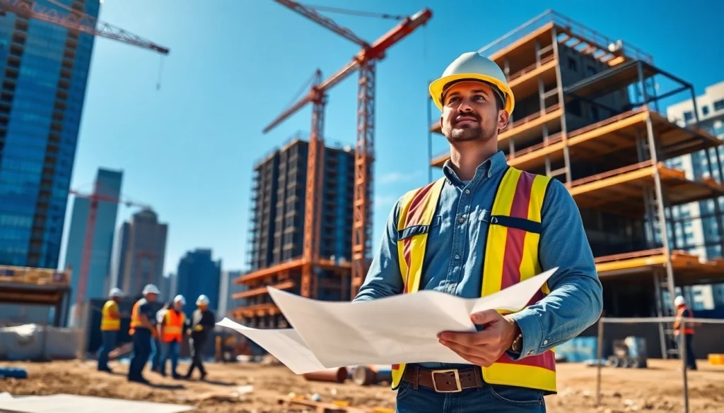 Manhattan General Contractor directing a construction team with blueprints in a bright, professional setting.