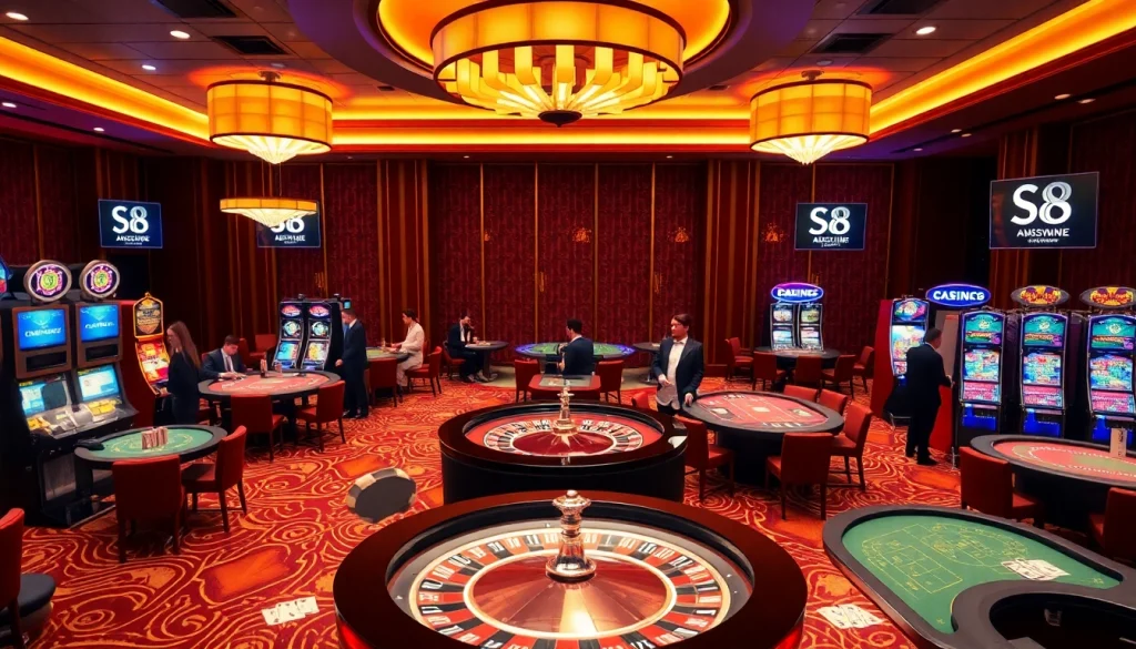 S8 Casino visitors place bets at poker and roulette tables amid vibrant slot machines.