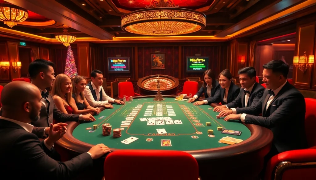 Players engrossed in a high-stakes game at the vibrant casino, highlighting https://nhacaita88.contact/ with poker chips and cards.