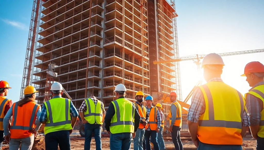 Austin construction workers and machinery collaborating on a high-rise building project in Texas.