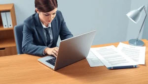 Tłumaczenie przysięgłe service showcasing a professional workspace with a laptop and legal documents.