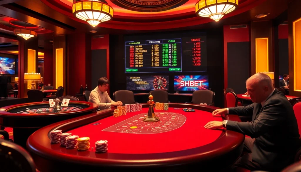 SHBET poker table with vibrant chips and a roulette wheel, showcasing excitement in gambling.