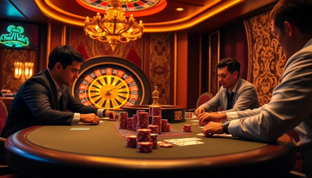 Engaged players at a luxurious poker table showcasing 8KBET casino atmosphere.