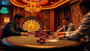 Engaged players at a luxurious poker table showcasing 8KBET casino atmosphere.