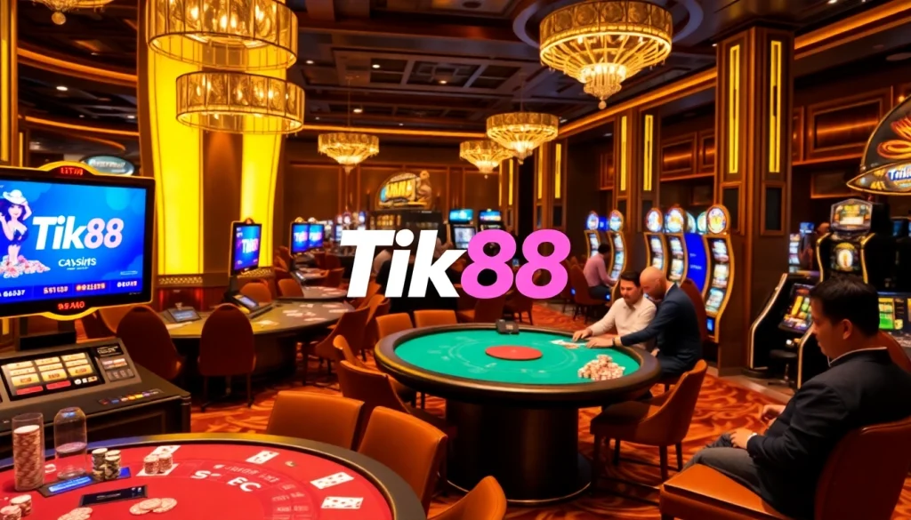 Trải nghiệm sự phấn khích của Tik88 với cảnh casino sống động, hiển thị các bàn chơi và chip poker