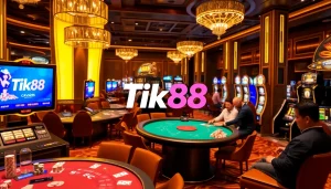 Trải nghiệm sự phấn khích của Tik88 với cảnh casino sống động, hiển thị các bàn chơi và chip poker