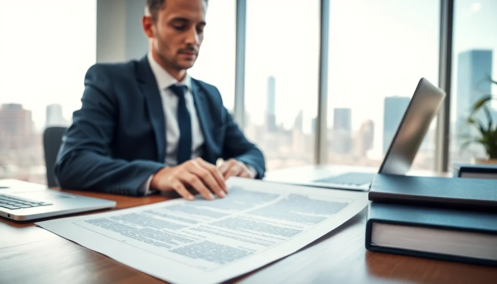 Showcasing an intellectual property lawyer analyzing documents in a modern office environment.