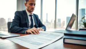 Showcasing an intellectual property lawyer analyzing documents in a modern office environment.