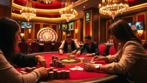 Players engaged in a high-stakes poker game at a luxurious casino, featuring 7m live odds displays.