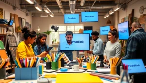 Engaging workshop scene of diverse creators discussing paid link in bio for creators to monetize their work.