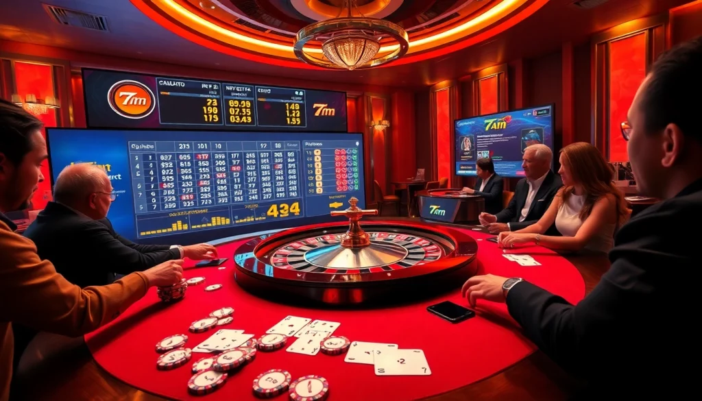 Experience a thrilling moment at a 7m-themed casino table with engaged players and real-time odds.