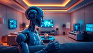 Engaging AI sex companion interaction in a modern living room setting, showcasing technology and intimacy.