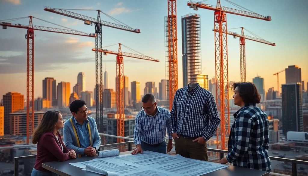 Manhattan Construction Manager leading a diverse team at a bustling construction site.