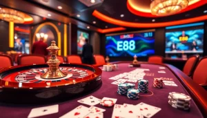 Betting enthusiasts enjoy EE88's immersive casino experience with vibrant gaming tables and thrilling ambiance.