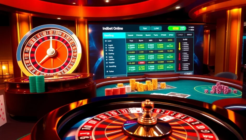 Indibet online live betting on a luxurious casino interface with roulette and poker.