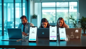 Online phone number verification in a modern office setting with tech professionals collaborating.