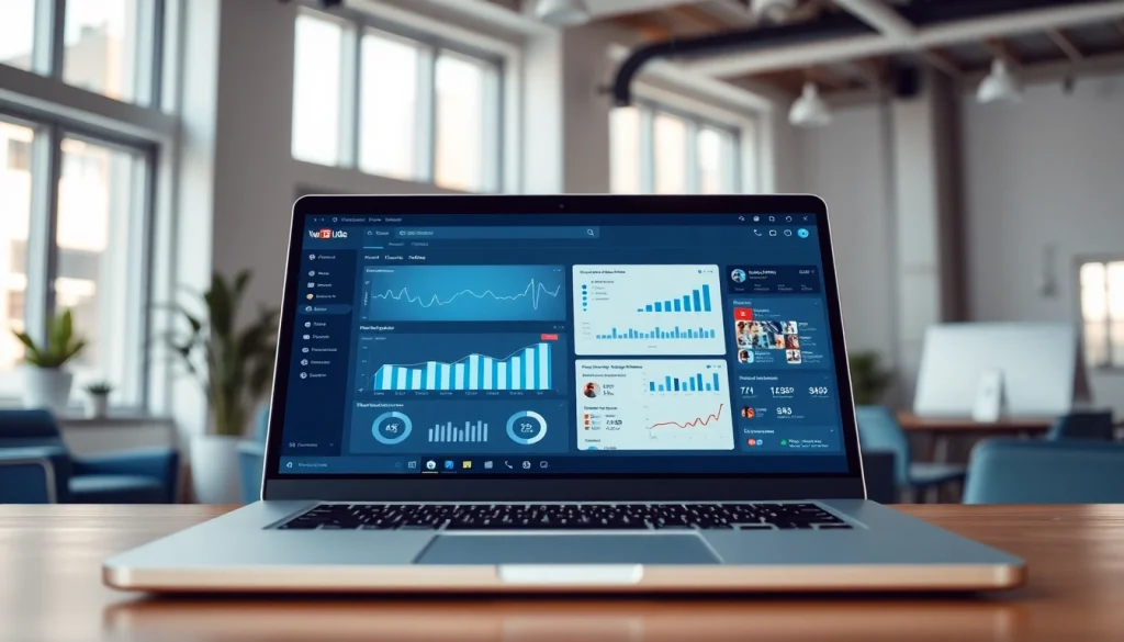 Engage with a professional YouTube SMM panel on a laptop in a modern office.