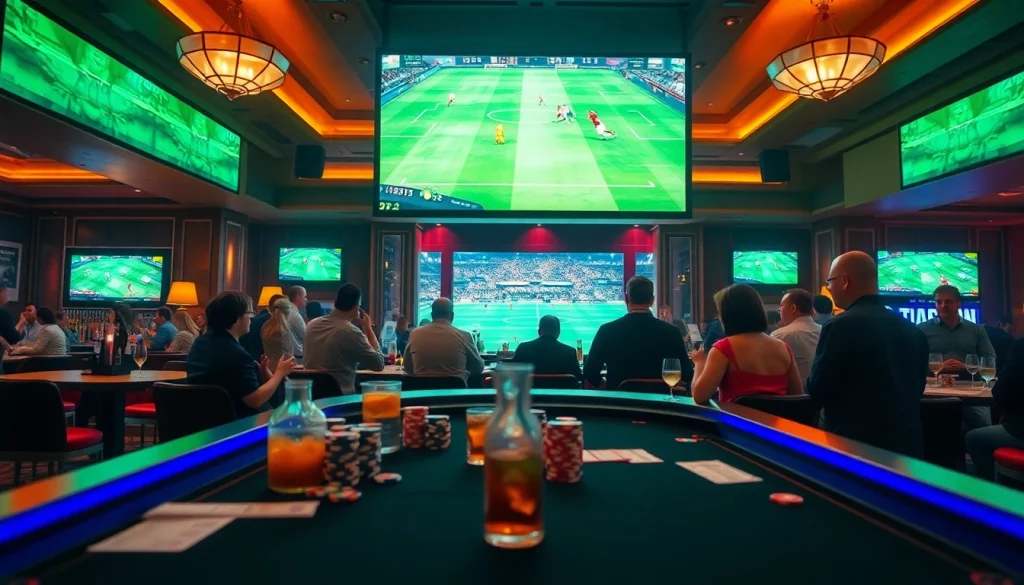 Watch trực tiếp bóng đá at a lively casino sports bar filled with excited bettors and vibrant atmosphere.