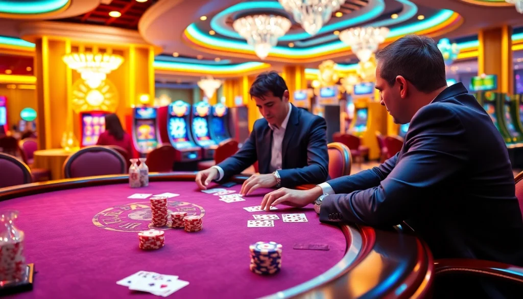 Players strategizing at a j88-themed poker table in a vibrant casino atmosphere.