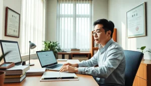 Traducteur assermenté chinois travaillant dans un cadre de bureau professionnel entouré de supports de traduction.