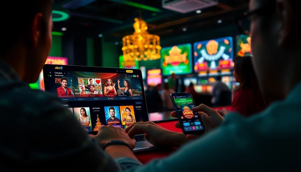 ABC8 online gambling platform showcasing vibrant casino games and excited players, highlighting a modern betting experience.
