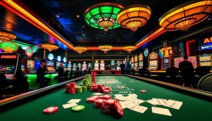 Experience the thrill of f168 with vibrant casino action, colorful poker chips, and a roulette wheel.